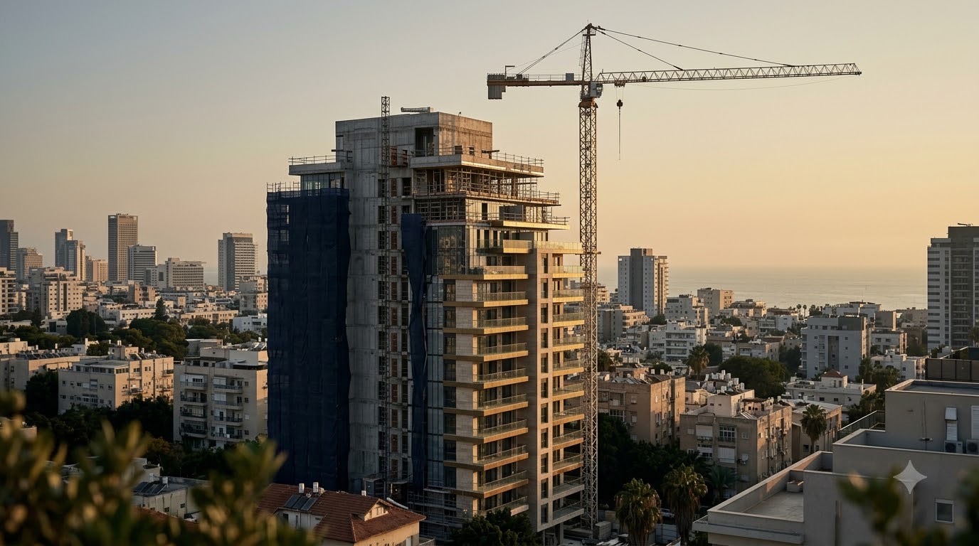 בניין מגורים חדש בבנייה עם עגורן